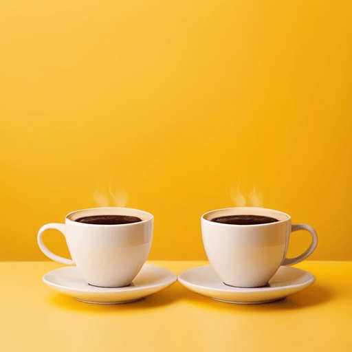 AI Design for Two cups of coffee on table, cozy home atmosphere, yellow background, for logo with space for text in the middle