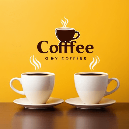 AI Design for Two cups of coffee on table, cozy home atmosphere, yellow background, for logo with space for text in the middle