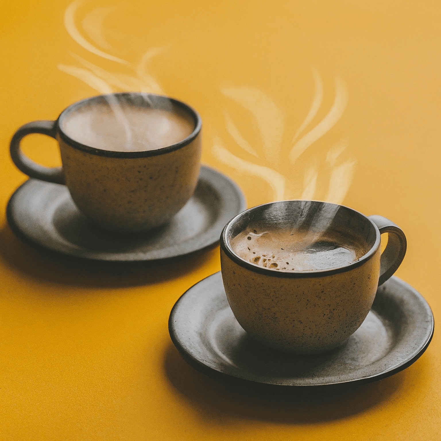 AI Design for Two steaming cups of coffee, cozy home atmosphere, yellow background, for logo with space for text in the middle