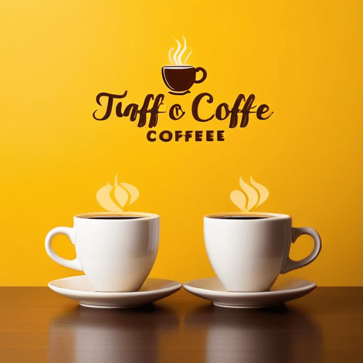 AI Design for Two cups of coffee on table, cozy home atmosphere, yellow background, for logo with space for text in the middle