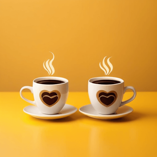 AI Design for Two cups of coffee on table, cozy home atmosphere, yellow background, for logo with space for text in the middle