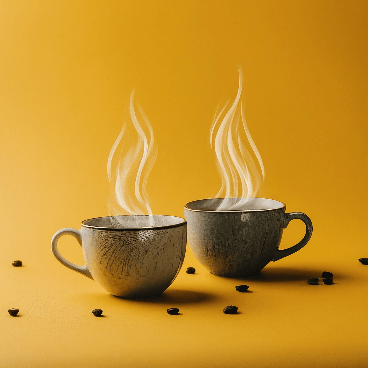 AI Design for Two steaming cups of coffee, cozy home atmosphere, yellow background, for logo with space for text in the middle