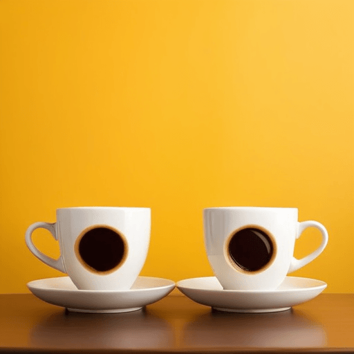 AI Design for Two cups of coffee on table, cozy home atmosphere, yellow background, for logo with space for text in the middle