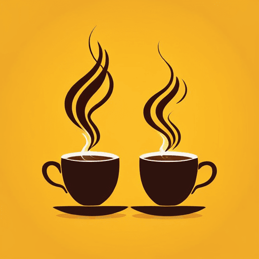 AI Design for Two steaming cups of coffee, cozy home atmosphere, yellow background, for logo with space for text in the middle