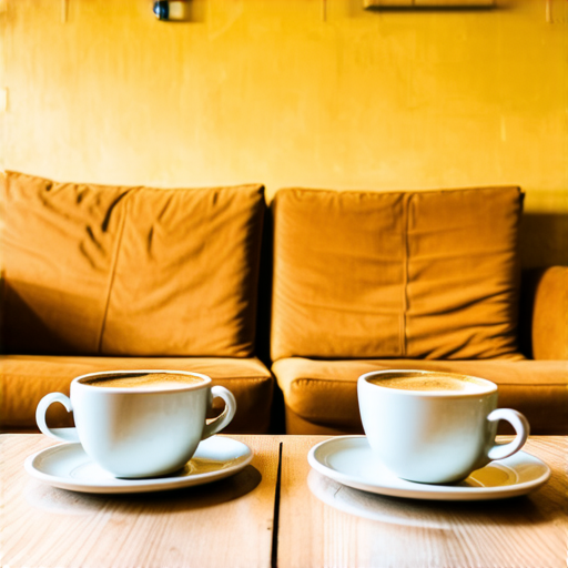 AI Design for Two cups of coffee on wooden table, cozy home atmosphere, yellow background, for logo with space for text in the middle. add couch behind cups. make couch lower