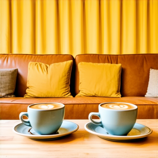 AI Design for Two cups of coffee on wooden table, cozy home atmosphere, yellow background, for logo with space for text in the middle. add couch behind cups. make couch lower
