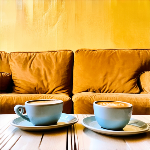 AI Design for Two cups of coffee on wooden table, cozy home atmosphere, yellow background, for logo with space for text in the middle. add couch behind cups. make couch lower