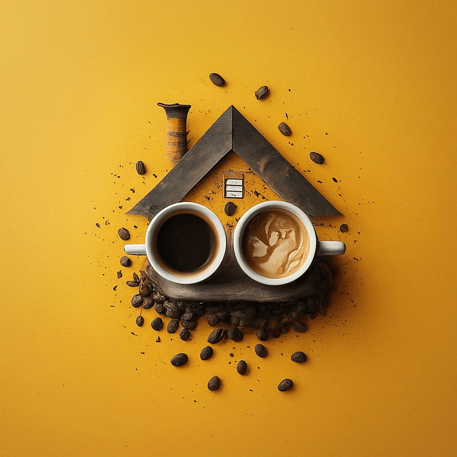 AI Design for Two cups of coffee, cozy home atmosphere, yellow background, for logo