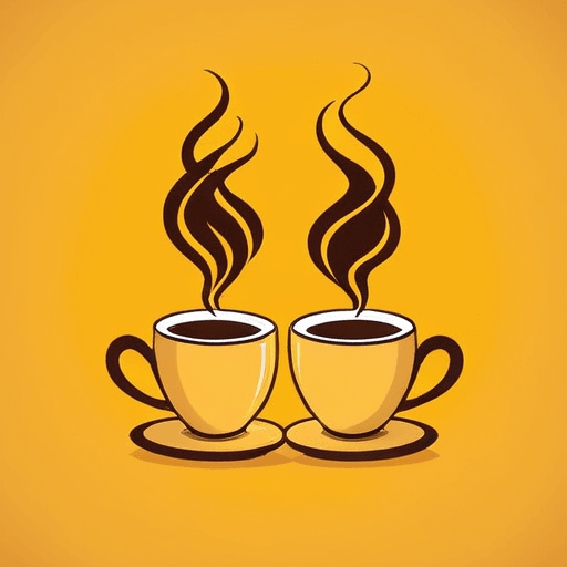 AI Design for Two steaming cups of coffee, cozy home atmosphere, yellow background, for logo with space for text in the middle