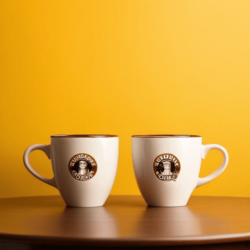 AI Design for Two cups of coffee on table, cozy home atmosphere, yellow background, for logo with space for text in the middle