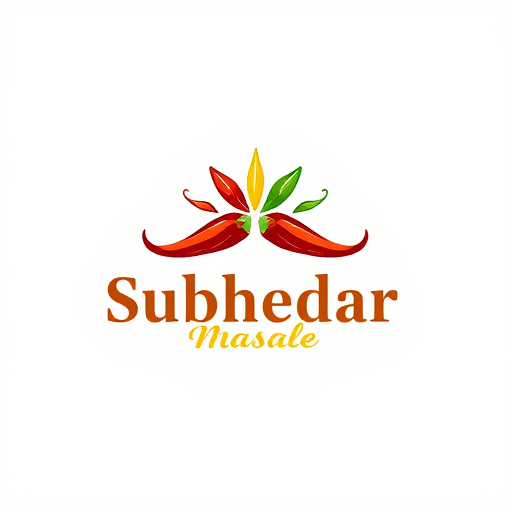 AI Design for Design a logo for spices manufacturing company. Name as "Subhedar Masale". Use color yellow, red or brown color. Make mustaches using of red and green chillies. use turmeric powder also.