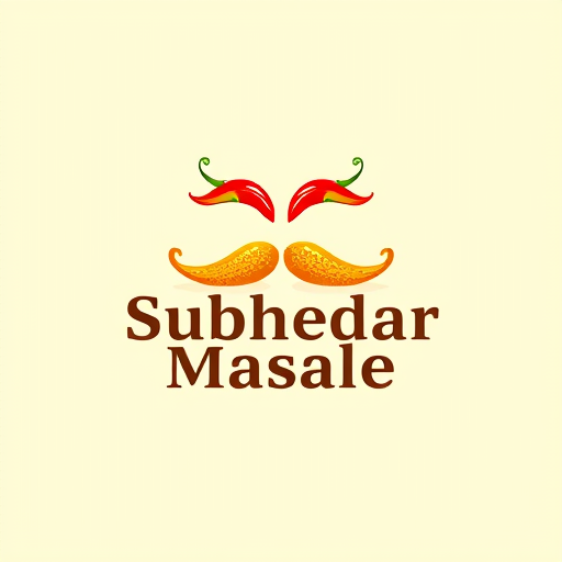 AI Design for Design a logo for spices manufacturing company. Name as "Subhedar Masale". Use color yellow, red or brown color. Make mustaches using of red and green chillies. use turmeric powder also.