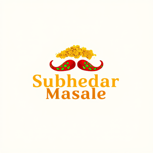 AI Design for Design a logo for spices manufacturing company. Name as "Subhedar Masale". Use color yellow, red or brown color. Make mustache using of red chillies. use turmeric powder also.