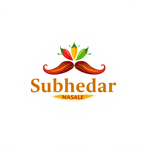 AI Design for Design a logo for spices manufacturing company. Name as "Subhedar Masale". Use color yellow, red or brown color. Make mustache using of red and green chillies. use turmeric powder also.