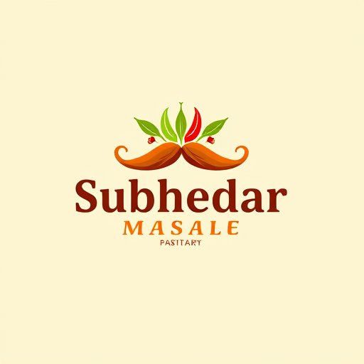 AI Design for Design a logo for spices manufacturing company. Name as "Subhedar Masale". Use color yellow, red or brown color. Make mustache using of red and green chillies. use turmeric powder also.