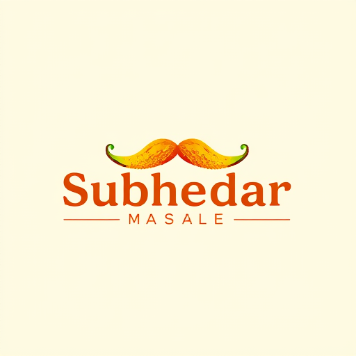 AI Design for Design a logo for spices manufacturing company. Name as "Subhedar Masale". Use color yellow, red or brown color. Make mustache using of red and green chillies. use turmeric powder also.