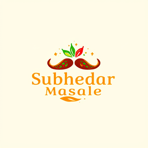 AI Design for Design a logo for spices manufacturing company. Name as "Subhedar Masale". Use color yellow, red or brown color. Make mustache using of red and green chillies. use turmeric powder also.