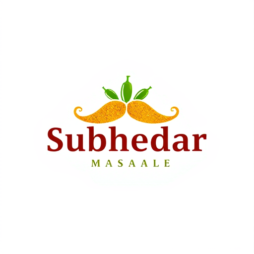 AI Design for Design a logo for spices manufacturing company. Name as "Subhedar Masale". Use color yellow, red or brown color. Make mustache using of red and green chillies. use turmeric powder also.