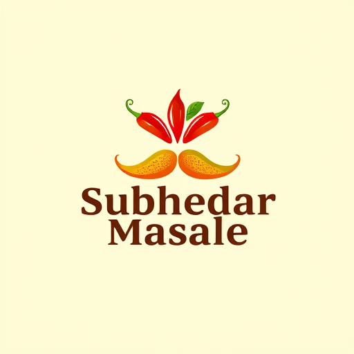 AI Design for Design a logo for spices manufacturing company. Name as "Subhedar Masale". Use color yellow, red or brown color. Make mustache using of red and green chillies. use turmeric powder also.