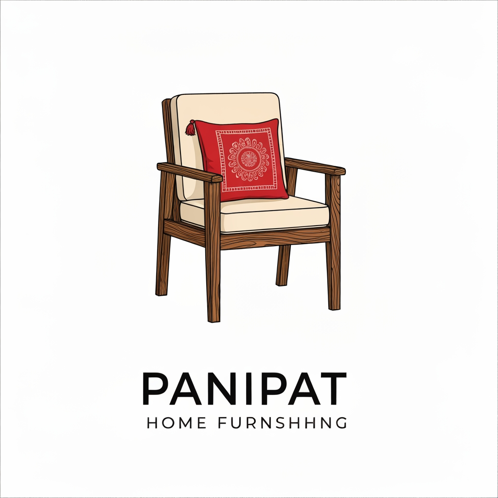 AI Design for generate a sleek vector logo of a brand named panipat home furnishing showing a wooden chair with subtle wood texture dont add any lineart and soft cover on the sitting area and backrest area and add a contrasting pillow with indian motif on it