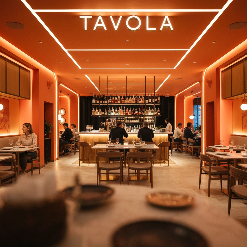 AI Design for an italian restaurant named "Tavola" use colour #ff8c00 and #ffb347