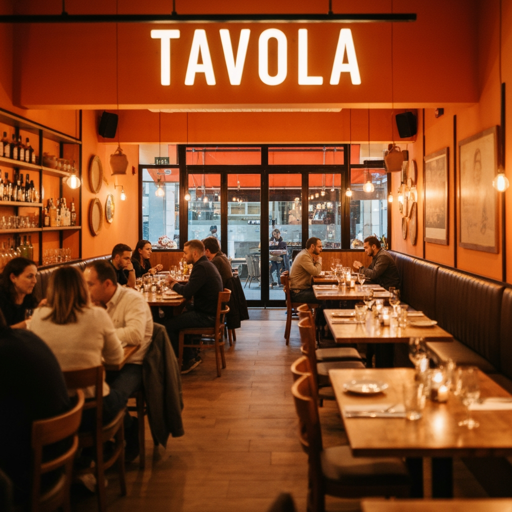 AI Design for an italian restaurant named "Tavola" use colour #ff8c00 and #ffb347