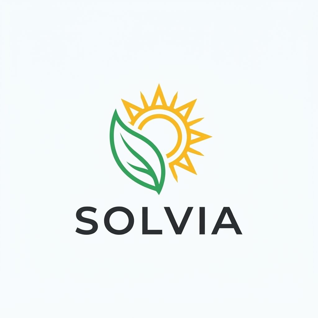 AI Design for Minimalist modern vector logo for a renewable energy brand named "Solvia", featuring a clean geometric sun and leaf motif intertwined, sleek typography, crisp lines, modern tech-green and warm solar gold color palette, solid white background, flat vector design --ar 1:1