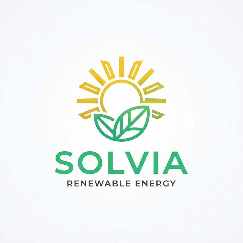 AI Design for Minimalist modern vector logo for a renewable energy brand named "Solvia", featuring a clean geometric sun and leaf motif intertwined, sleek typography, crisp lines, modern tech-green and warm solar gold color palette, solid white background, flat vector design --ar 1:1