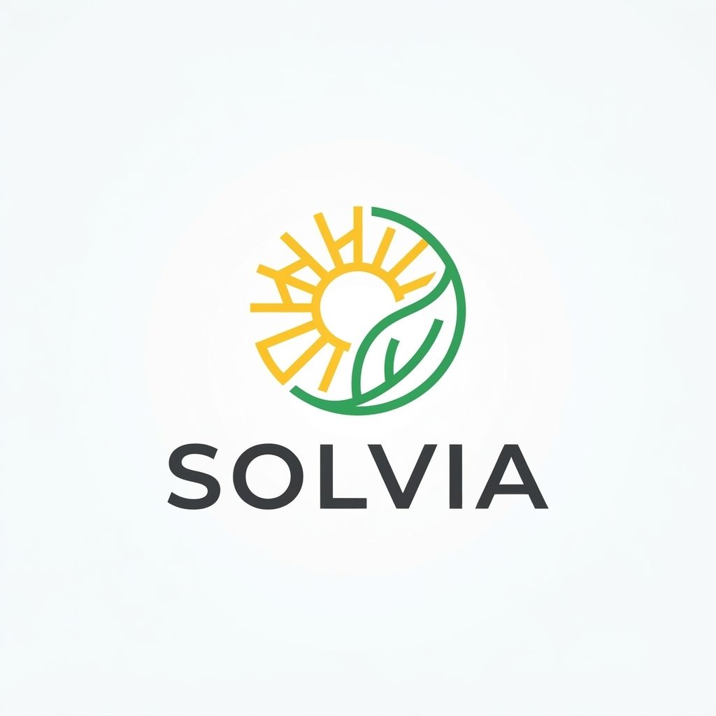 AI Design for Minimalist modern vector logo for a renewable energy brand named "Solvia", featuring a clean geometric sun and leaf motif intertwined, sleek typography, crisp lines, modern tech-green and warm solar gold color palette, solid white background, flat vector design --ar 1:1
