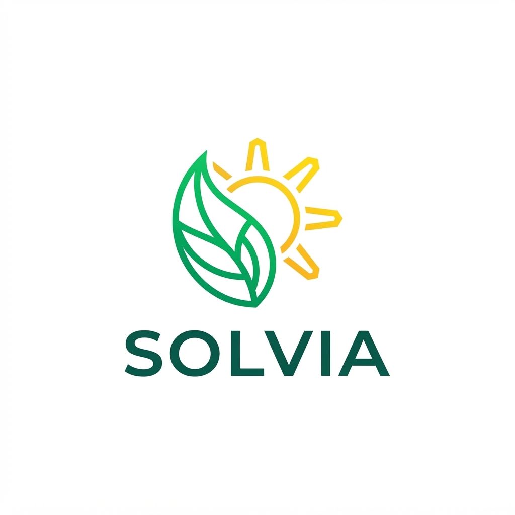 AI Design for Minimalist modern vector logo for a renewable energy brand named "Solvia", featuring a clean geometric sun and leaf motif intertwined, sleek typography, crisp lines, modern tech-green and warm solar gold color palette, solid white background, flat vector design --ar 1:1 more unique
