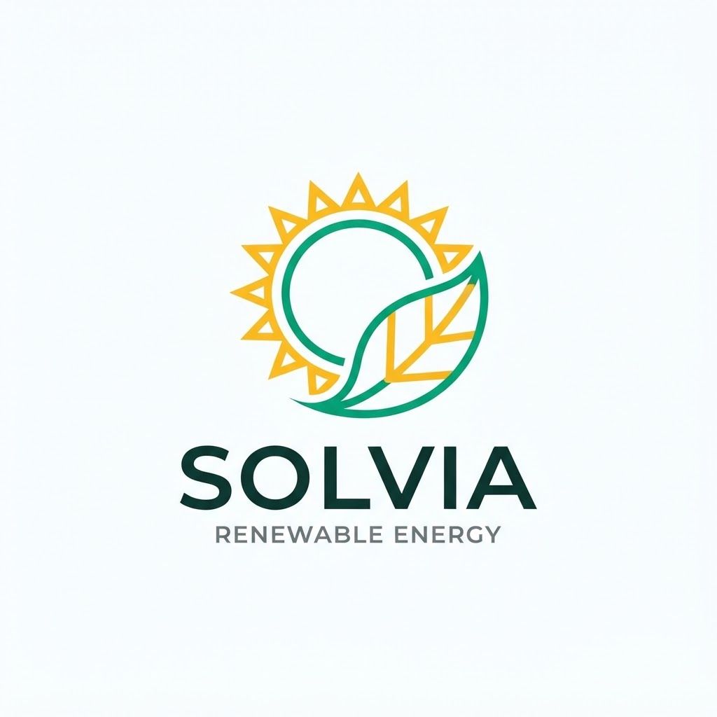AI Design for Minimalist modern vector logo for a renewable energy brand named "Solvia", featuring a clean geometric sun and leaf motif intertwined, sleek typography, crisp lines, modern tech-green and warm solar gold color palette, solid white background, flat vector design --ar 1:1