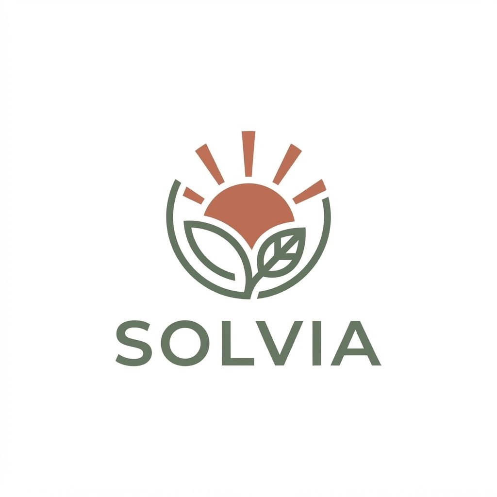 AI Design for Minimalist modern vector logo for a renewable energy brand named "Solvia", featuring a clean geometric sun and leaf motif intertwined, sleek typography, crisp lines, modern tech-green and warm solar gold color palette, solid white background, flat vector design --ar 1:1 more unique of colour B86B55 and 66735F