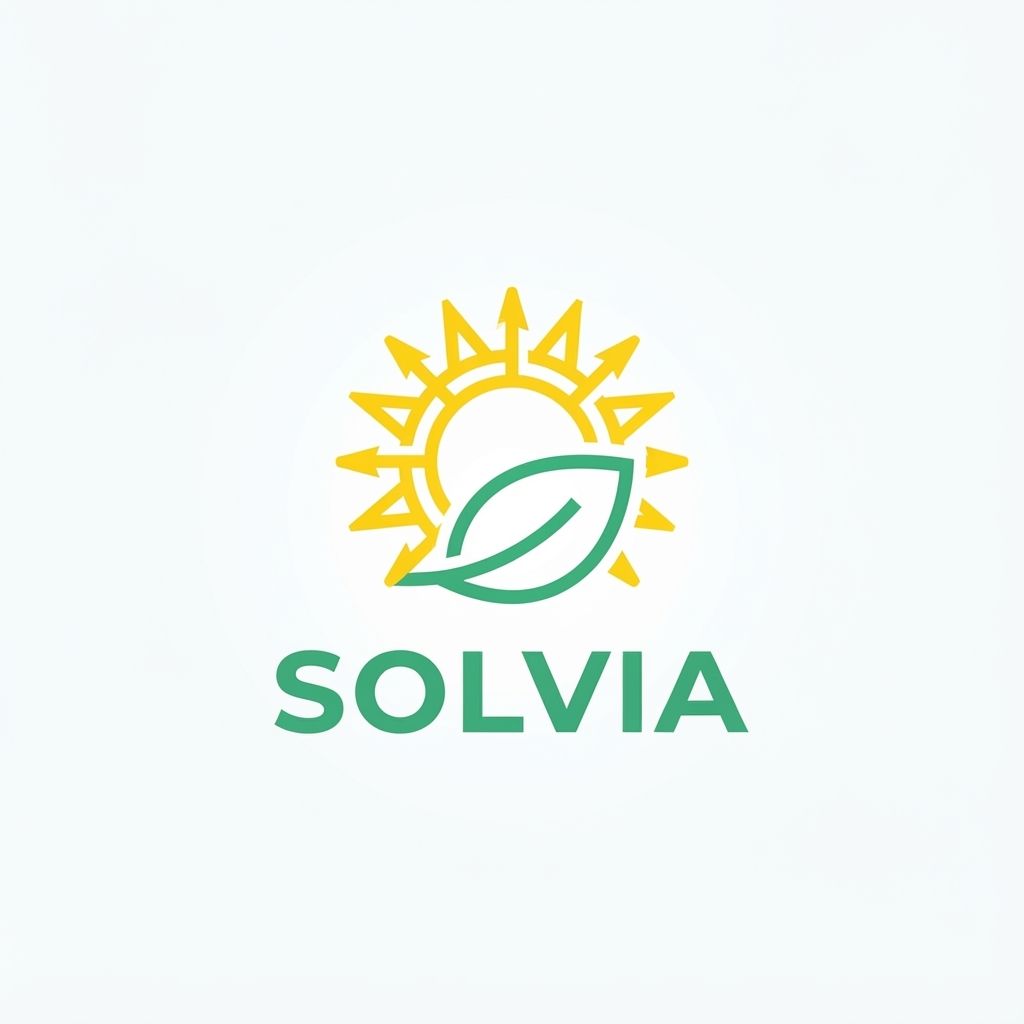AI Design for Minimalist modern vector logo for a renewable energy brand named "Solvia", featuring a clean geometric sun and leaf motif intertwined, sleek typography, crisp lines, modern tech-green and warm solar gold color palette, solid white background, flat vector design --ar 1:1