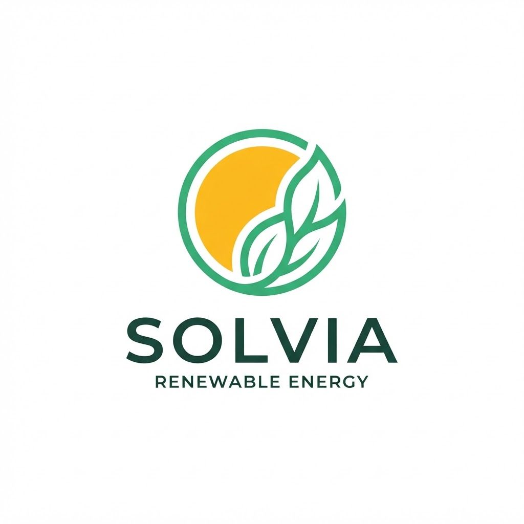 AI Design for Minimalist modern vector logo for a renewable energy brand named "Solvia", featuring a clean geometric sun and leaf motif intertwined, sleek typography, crisp lines, modern tech-green and warm solar gold color palette, solid white background, flat vector design --ar 1:1