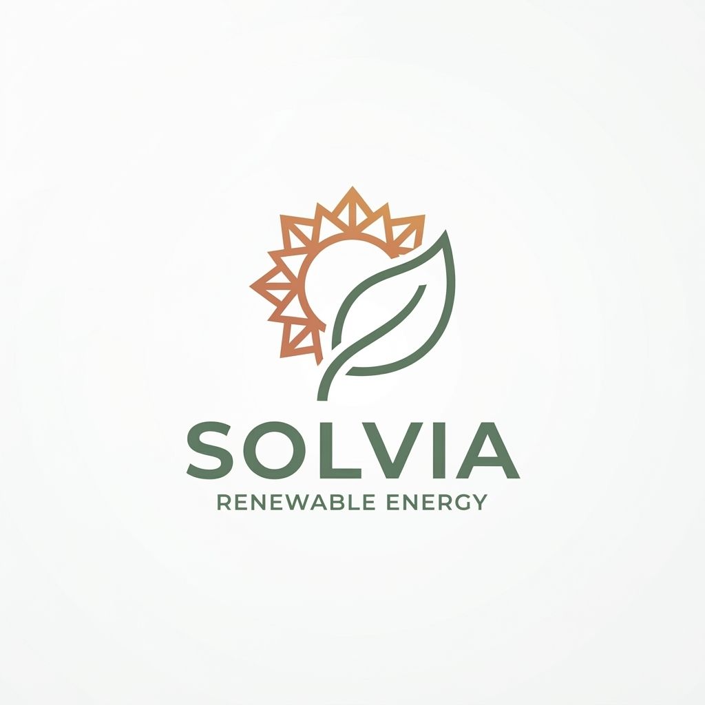 AI Design for Minimalist modern vector logo for a renewable energy brand named "Solvia", featuring a clean geometric sun and leaf motif intertwined, sleek typography, crisp lines, modern tech-green and warm solar gold color palette, solid white background, flat vector design --ar 1:1 more unique of colour B86B55 and 66735F