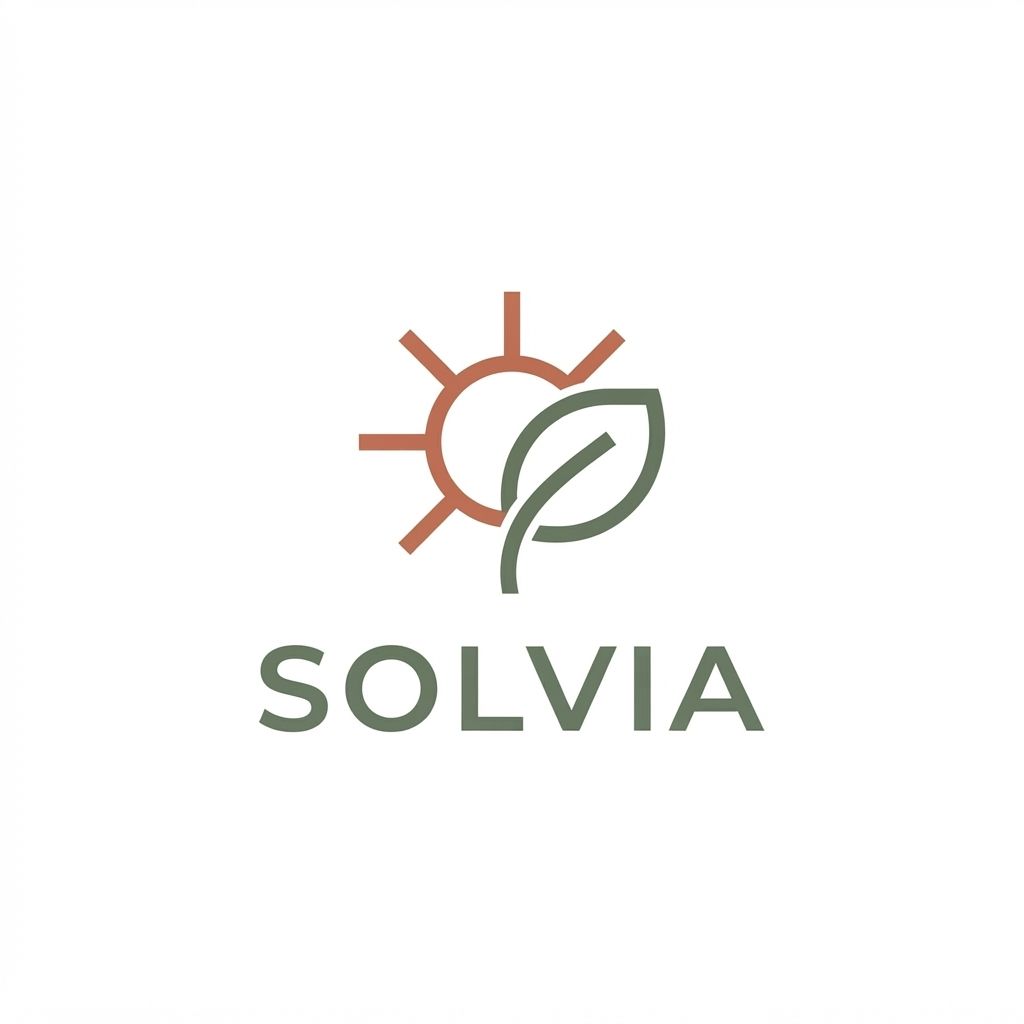 AI Design for Minimalist modern vector logo for a renewable energy brand named "Solvia", featuring a clean geometric sun and leaf motif intertwined, sleek typography, crisp lines, modern tech-green and warm solar gold color palette, solid white background, flat vector design --ar 1:1 more unique of colour B86B55 and 66735F