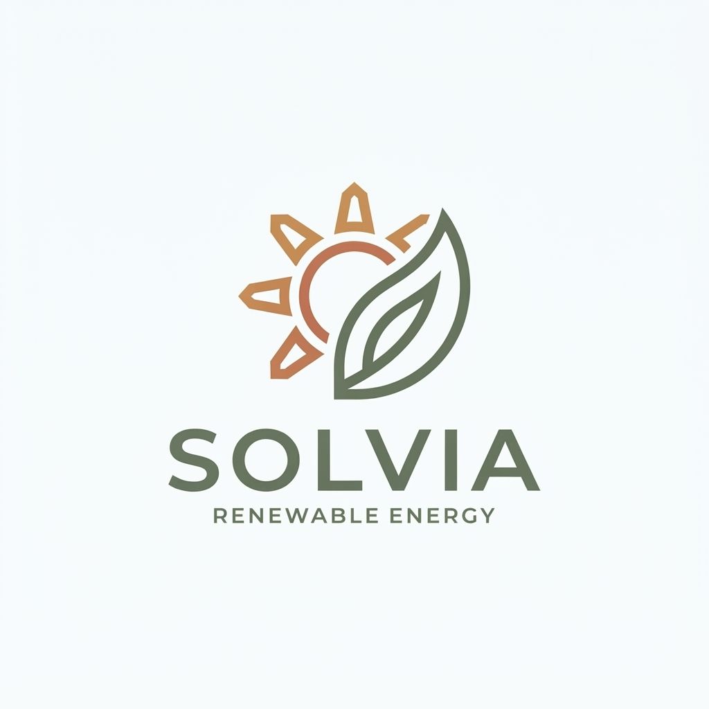 AI Design for Minimalist modern vector logo for a renewable energy brand named "Solvia", featuring a clean geometric sun and leaf motif intertwined, sleek typography, crisp lines, modern tech-green and warm solar gold color palette, solid white background, flat vector design --ar 1:1 more unique of colour B86B55 and 66735F
