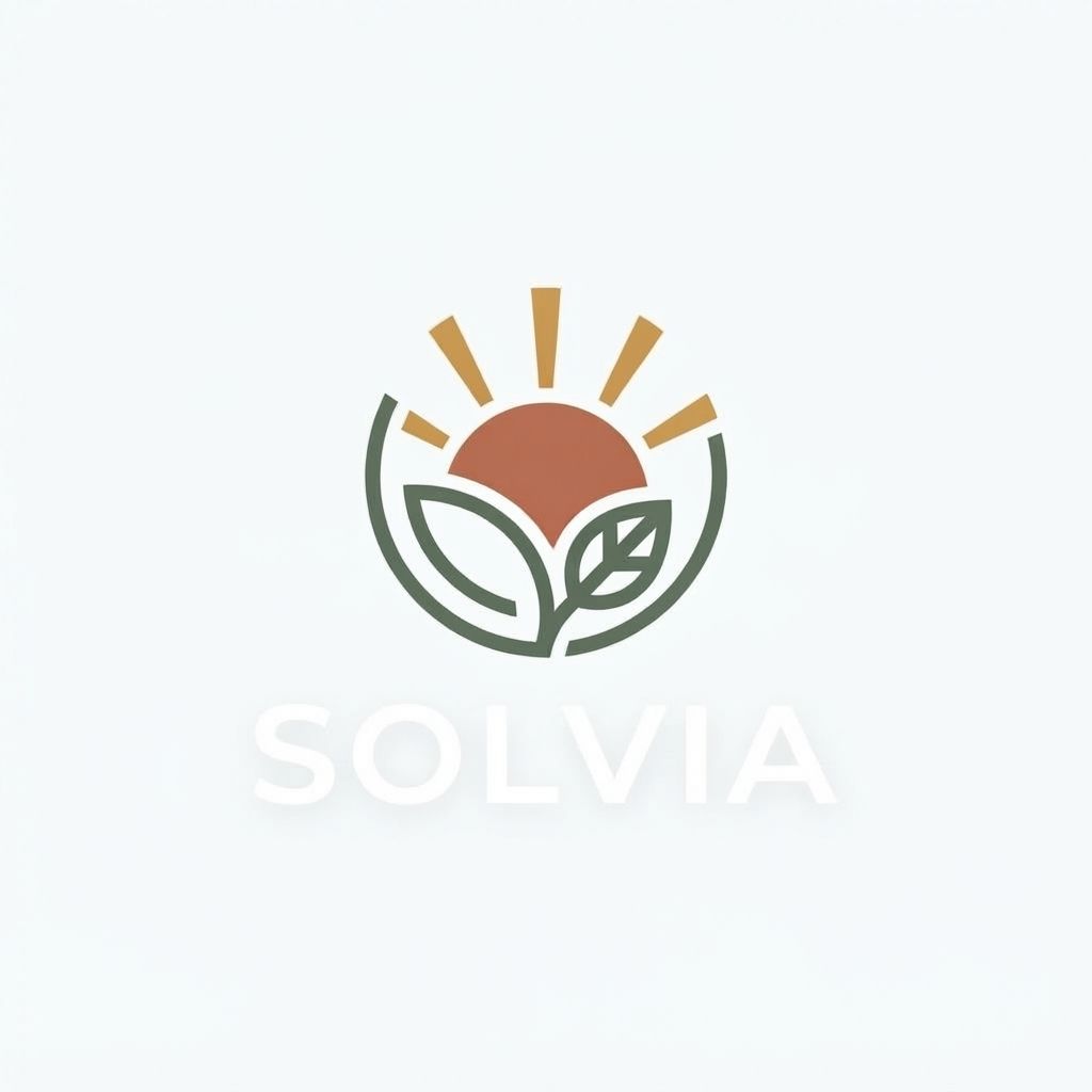AI Design for Minimalist modern vector logo for a renewable energy brand named "Solvia", featuring a clean geometric sun and leaf motif intertwined, sleek typography, crisp lines, modern tech-green and warm solar gold color palette, solid white background, flat vector design --ar 1:1 more unique of colour B86B55 and 66735F change the solvia test colour to white