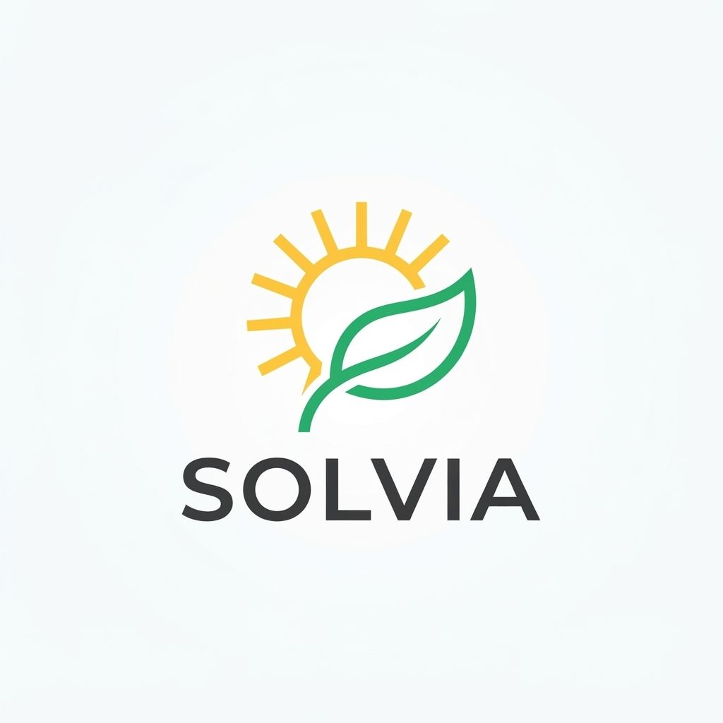 AI Design for Minimalist modern vector logo for a renewable energy brand named "Solvia", featuring a clean geometric sun and leaf motif intertwined, sleek typography, crisp lines, modern tech-green and warm solar gold color palette, solid white background, flat vector design --ar 1:1