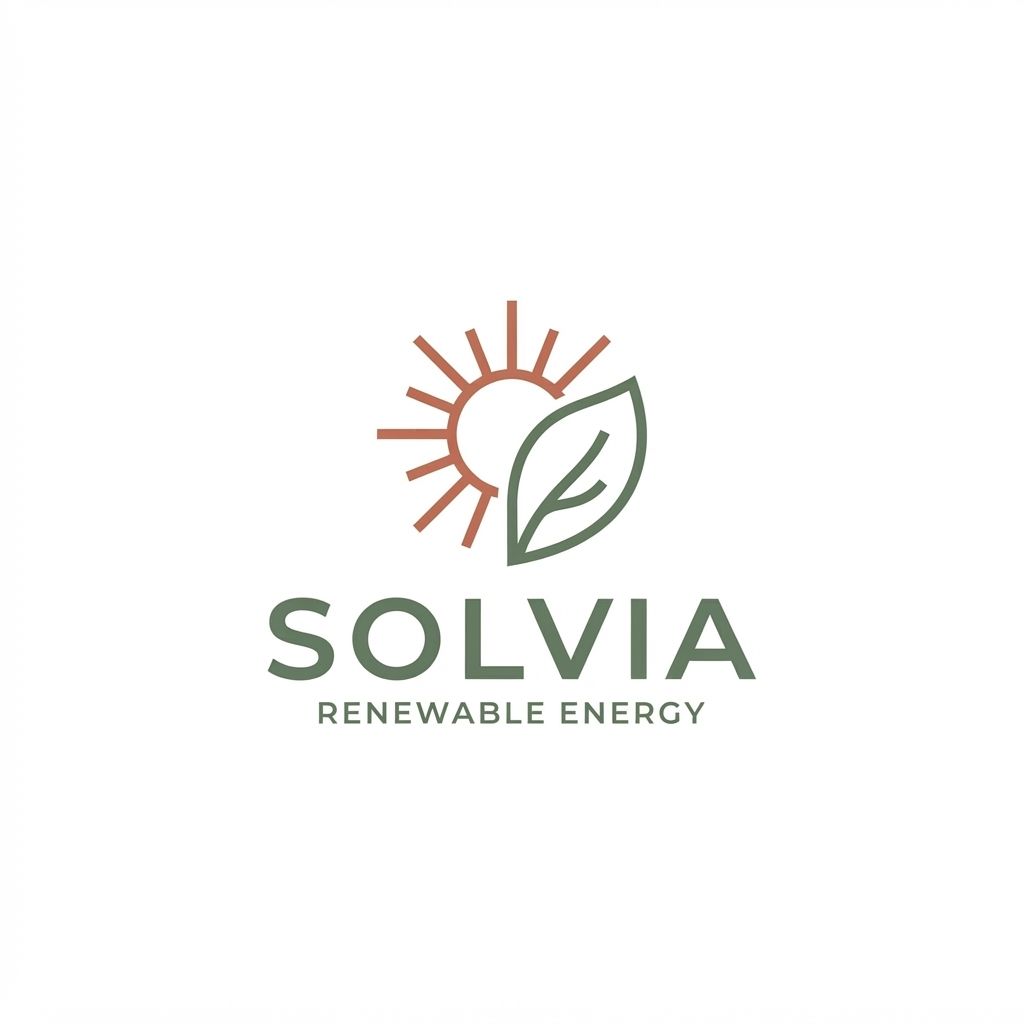 AI Design for Minimalist modern vector logo for a renewable energy brand named "Solvia", featuring a clean geometric sun and leaf motif intertwined, sleek typography, crisp lines, modern tech-green and warm solar gold color palette, solid white background, flat vector design --ar 1:1 more unique of colour B86B55 and 66735F