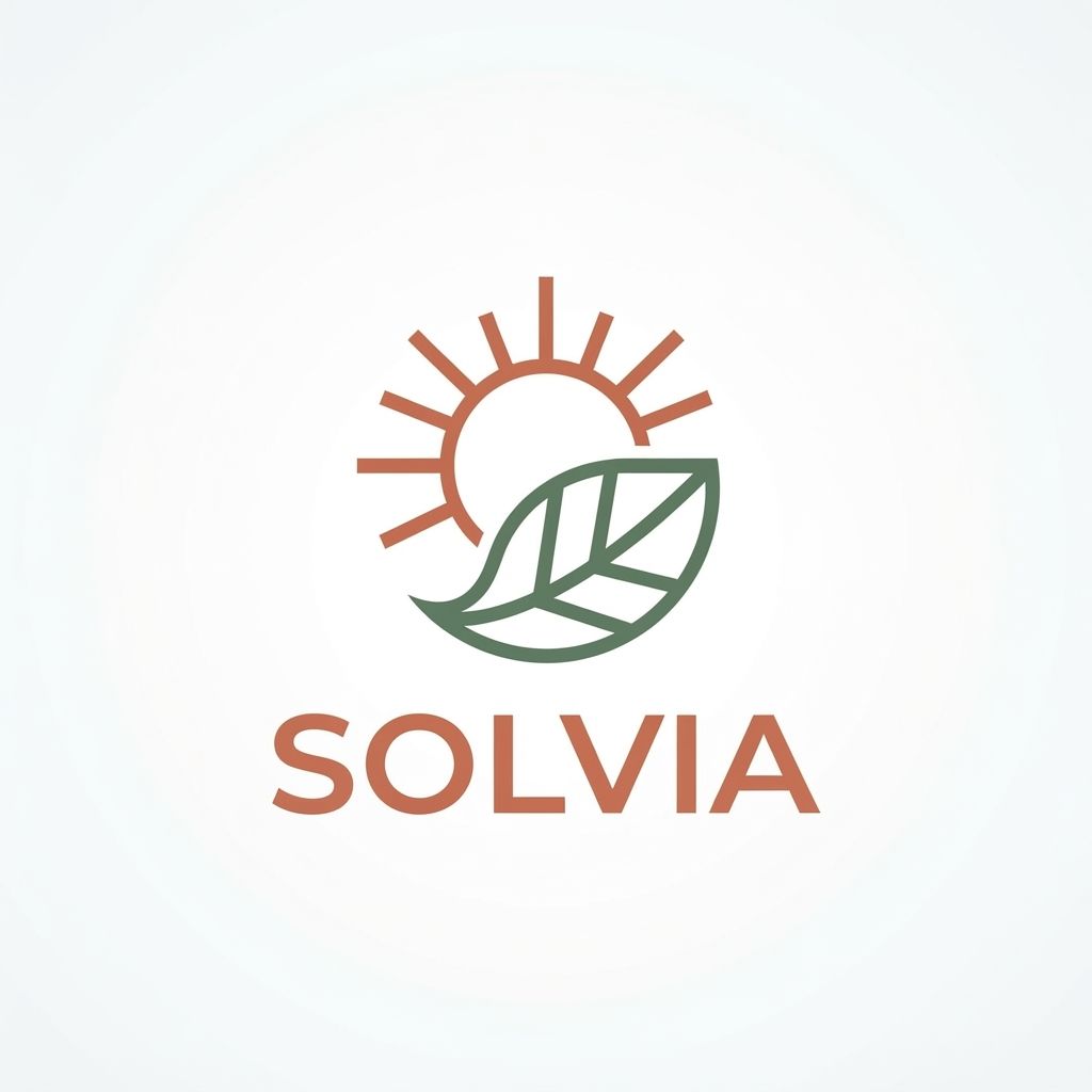 AI Design for Minimalist modern vector logo for a renewable energy brand named "Solvia", featuring a clean geometric sun and leaf motif intertwined, sleek typography, crisp lines, modern tech-green and warm solar gold color palette, solid white background, flat vector design --ar 1:1 more unique of colour B86B55 and 66735F