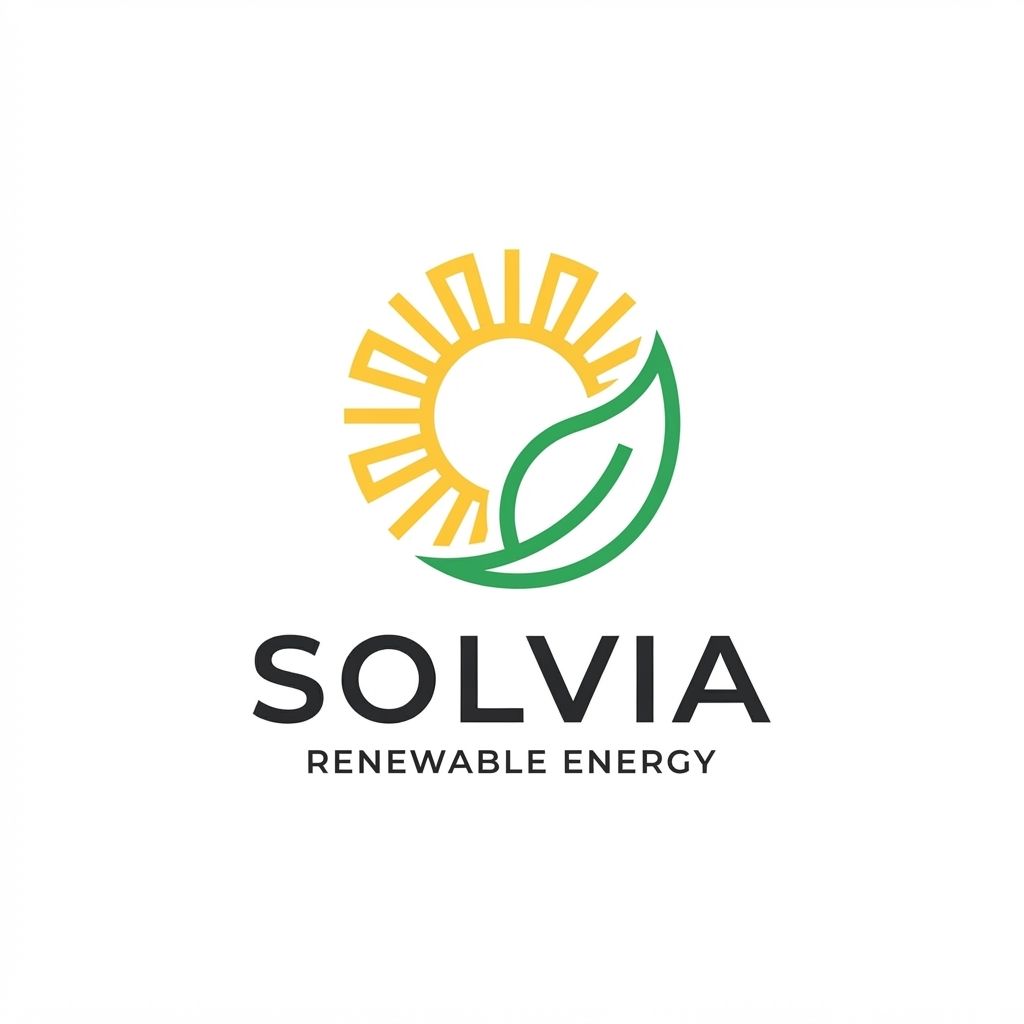 AI Design for Minimalist modern vector logo for a renewable energy brand named "Solvia", featuring a clean geometric sun and leaf motif intertwined, sleek typography, crisp lines, modern tech-green and warm solar gold color palette, solid white background, flat vector design --ar 1:1