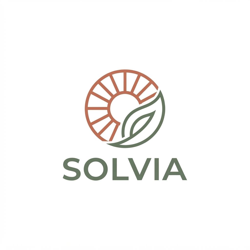 AI Design for Minimalist modern vector logo for a renewable energy brand named "Solvia", featuring a clean geometric sun and leaf motif intertwined, sleek typography, crisp lines, modern tech-green and warm solar gold color palette, solid white background, flat vector design --ar 1:1 more unique of colour B86B55 and 66735F