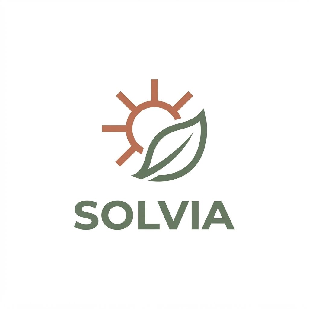 AI Design for Minimalist modern vector logo for a renewable energy brand named "Solvia", featuring a clean geometric sun and leaf motif intertwined, sleek typography, crisp lines, modern tech-green and warm solar gold color palette, solid white background, flat vector design --ar 1:1 more unique of colour B86B55 and 66735F