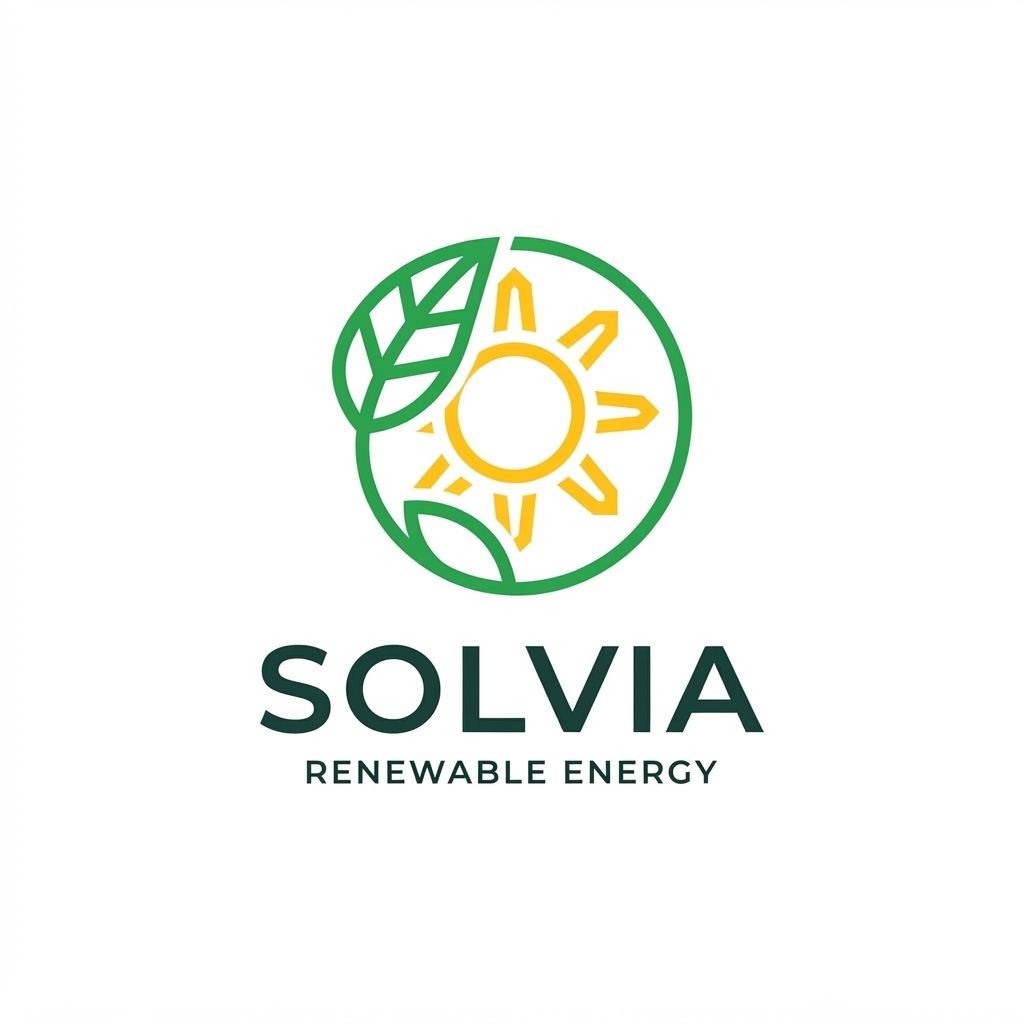 AI Design for Minimalist modern vector logo for a renewable energy brand named "Solvia", featuring a clean geometric sun and leaf motif intertwined, sleek typography, crisp lines, modern tech-green and warm solar gold color palette, solid white background, flat vector design --ar 1:1