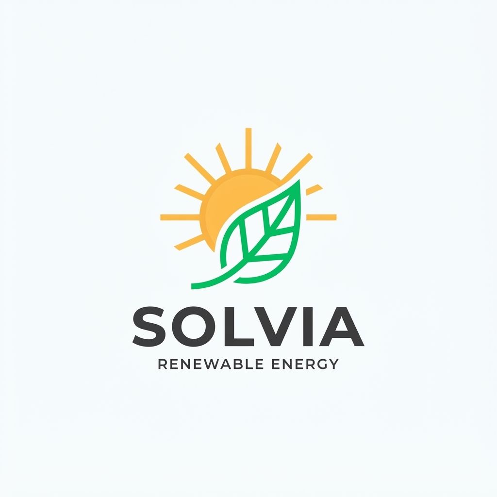 AI Design for Minimalist modern vector logo for a renewable energy brand named "Solvia", featuring a clean geometric sun and leaf motif intertwined, sleek typography, crisp lines, modern tech-green and warm solar gold color palette, solid white background, flat vector design --ar 1:1