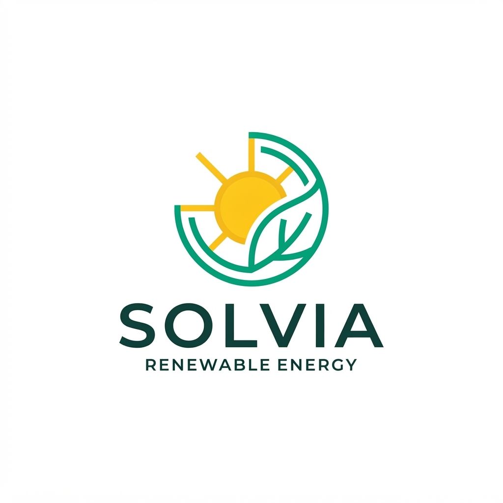AI Design for Minimalist modern vector logo for a renewable energy brand named "Solvia", featuring a clean geometric sun and leaf motif intertwined, sleek typography, crisp lines, modern tech-green and warm solar gold color palette, solid white background, flat vector design --ar 1:1