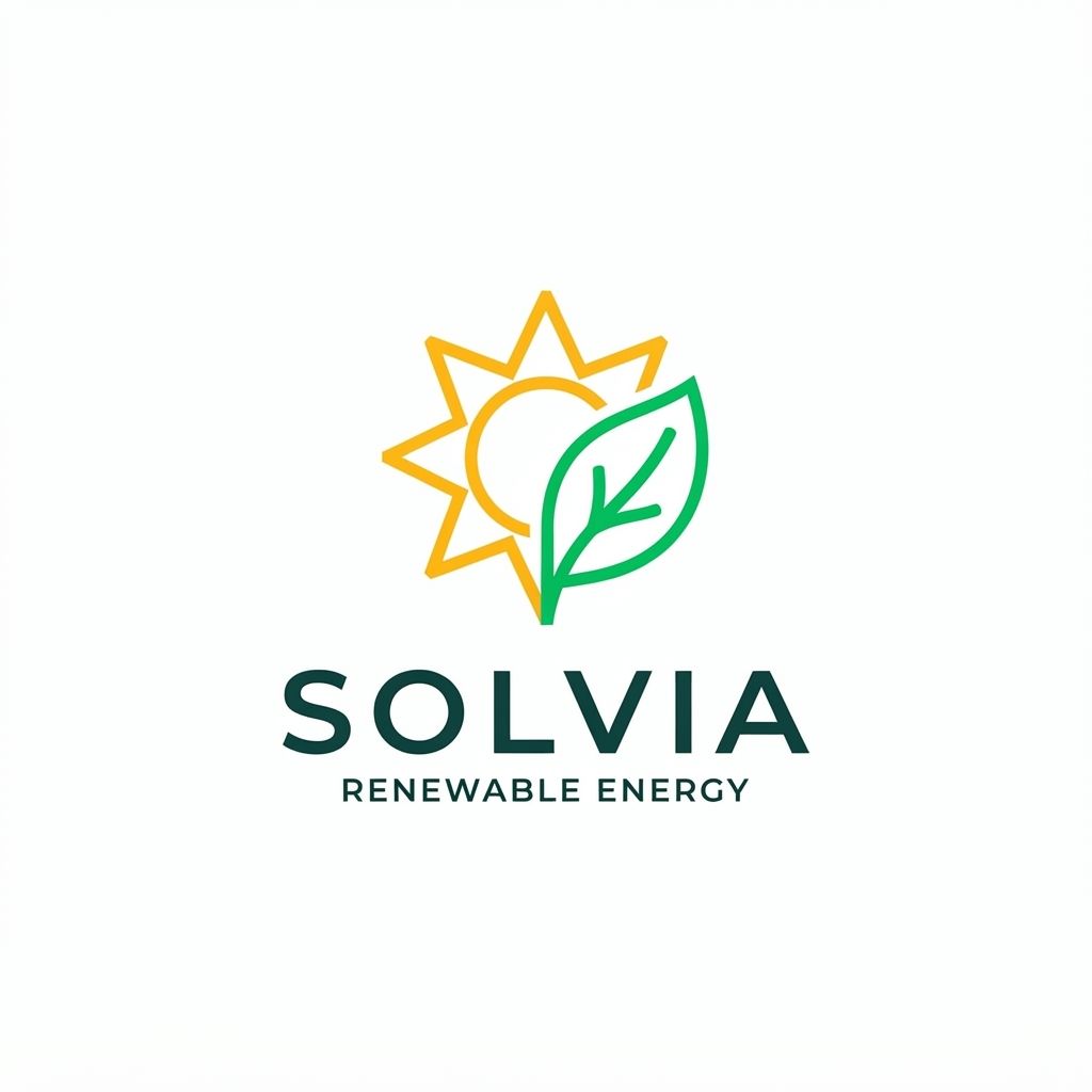 AI Design for Minimalist modern vector logo for a renewable energy brand named "Solvia", featuring a clean geometric sun and leaf motif intertwined, sleek typography, crisp lines, modern tech-green and warm solar gold color palette, solid white background, flat vector design --ar 1:1