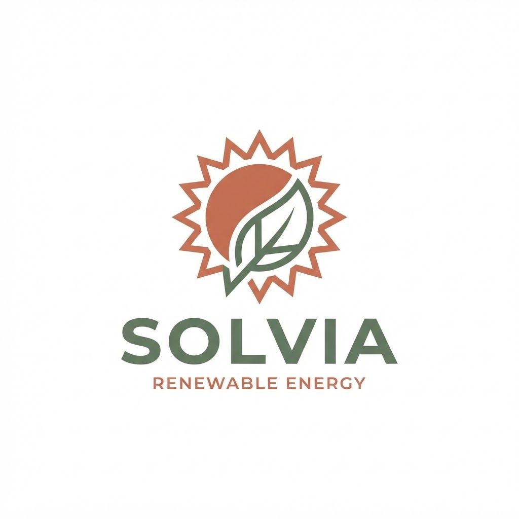 AI Design for Minimalist modern vector logo for a renewable energy brand named "Solvia", featuring a clean geometric sun and leaf motif intertwined, sleek typography, crisp lines, modern tech-green and warm solar gold color palette, solid white background, flat vector design --ar 1:1 more unique of colour B86B55 and 66735F