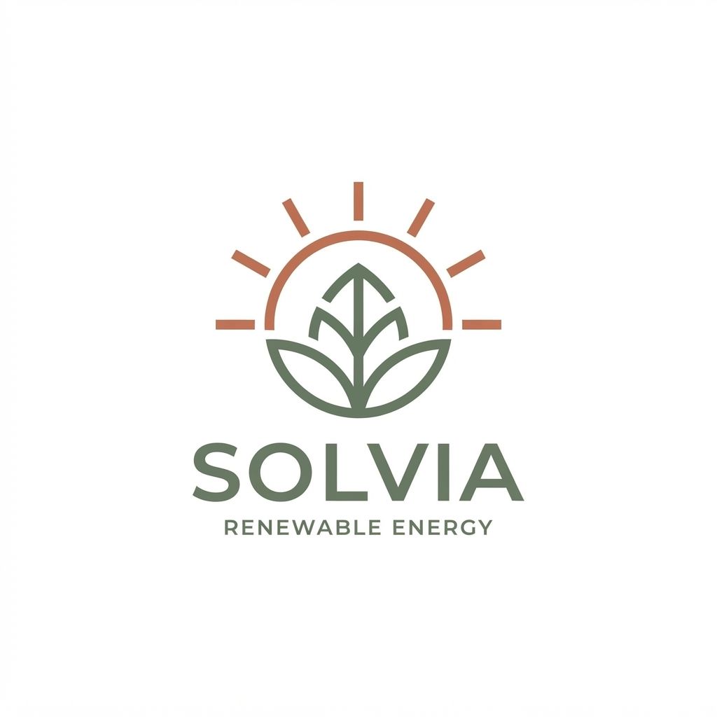 AI Design for Minimalist modern vector logo for a renewable energy brand named "Solvia", featuring a clean geometric sun and leaf motif intertwined, sleek typography, crisp lines, modern tech-green and warm solar gold color palette, solid white background, flat vector design --ar 1:1 more unique of colour B86B55 and 66735F